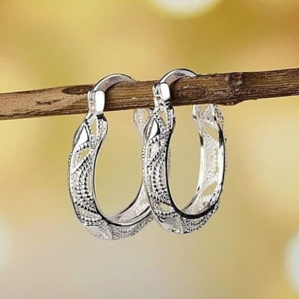 New Sterling Silver Boho Latch Back Diamond Cut Fancy Filigree Hoop Earrings - Picture 13 of 13
